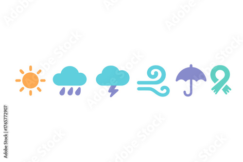 Simple flat weather condition symbols featuring sun rain storm wind umbrella and scarf