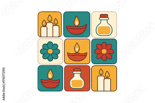 Retro style icon set with burning candles, traditional diyas, flowers, and essential oil bottles