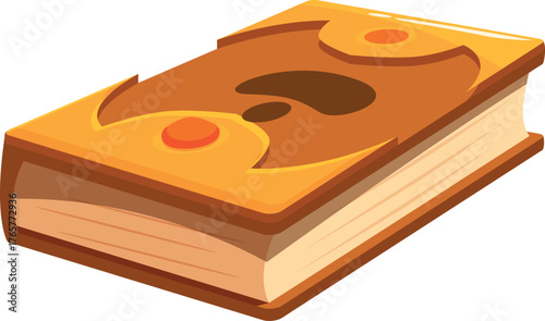 Cartoon magic book with golden cover and orange gems is lying on a white background