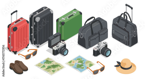 Travel essentials ready for adventure - luggage, camera, maps, and stylish accessories prepare for the perfect getaway, ready to explore