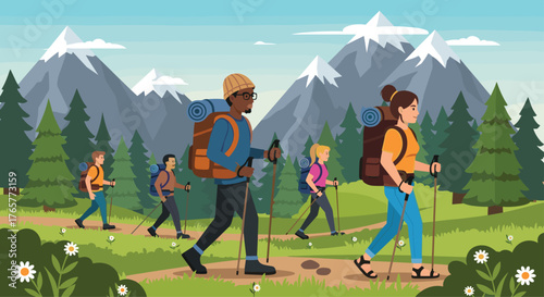 Group of hikers enjoying a scenic mountain trail adventure with backpacks and trekking poles, exploring nature