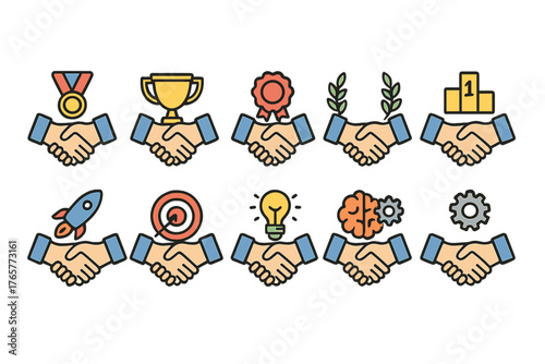 Handshake icons with various symbols for partnership and success