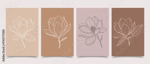 Set of hand drawn botanical posters with magnolia. Set of card with magnolia flowers. Illustration.