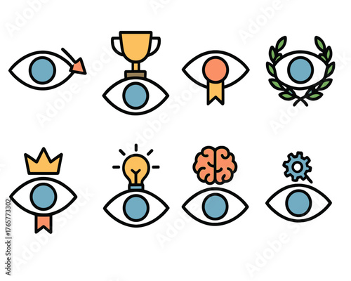 Set of Stylized Eye Icons with Symbolic Elements