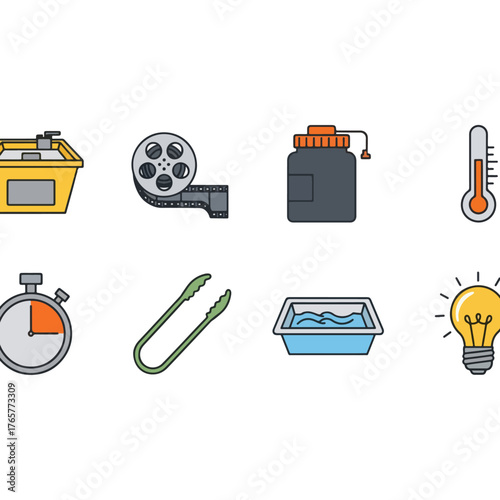 Collection of flat design vector icons, including photography darkroom tools, science instruments, and everyday objects