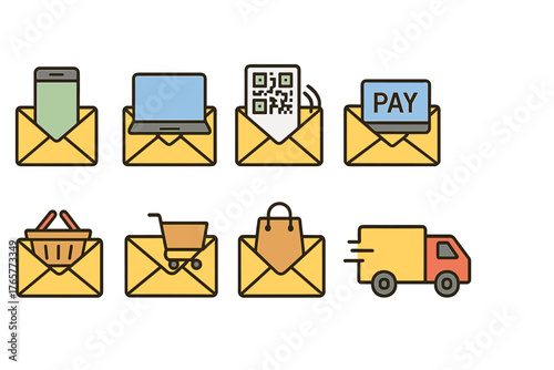 Set of Envelope Icons for Communication, Online Shopping, and Delivery