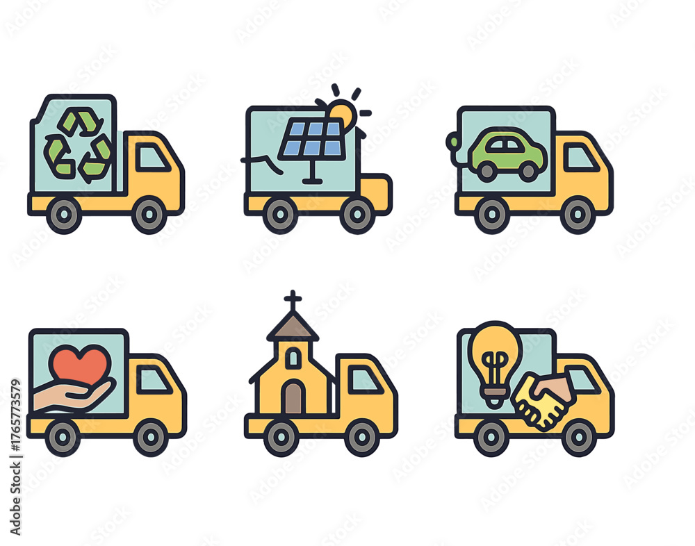 Fototapeta premium Cartoon-Style Truck Icons with Unique Symbols