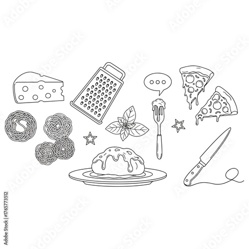 Collection of Italian food and cooking elements, pizza, pasta, cheese, grater, basil, utensils