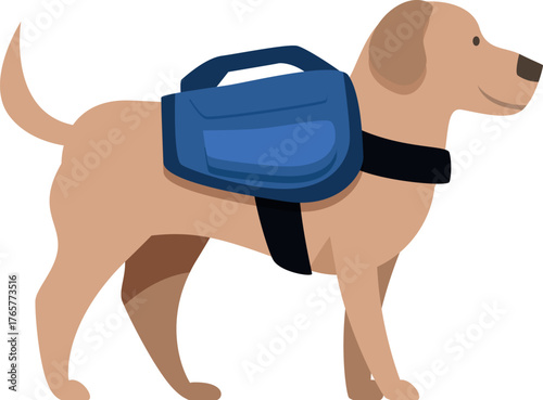 Labrador retriever wearing a harness and carrying first aid kit, ready for a search and rescue mission