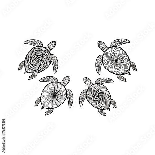 Intricate line art illustration of four stylized swimming sea turtles, swirling shell patterns, ocean fauna.