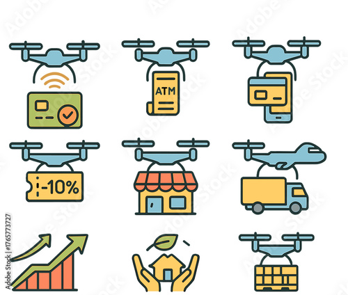 Collection of Drone Icons for Finance, Retail Delivery, and Sustainability