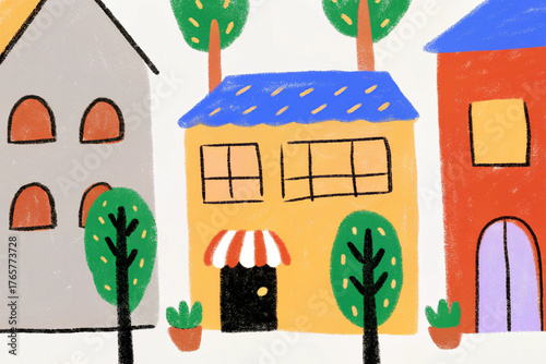 Cute Hand Drawn Crayon Neighborhood Illustration with Colorful Houses, Trees, and Cozy Village Scene