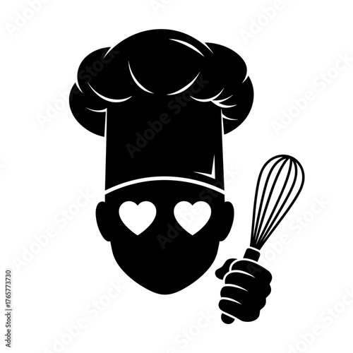 Chef icon with whisk and heart eyes silhouette style for food love concept