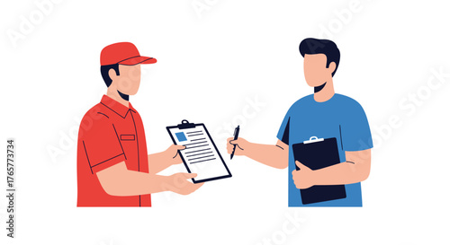 Delivery person handing over clipboard for signature, customer signing for package, modern illustration for logistics and shipping concepts