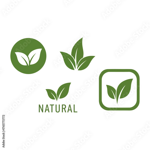 Various green leaf icons, symbols for natural, organic, eco-friendly, and environmental products