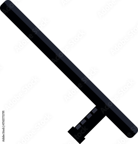 Black police baton isolated on white background, representing law enforcement, riot control, and security measures