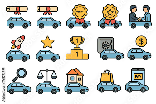 Collection of Car Icons with Symbolic Elements
