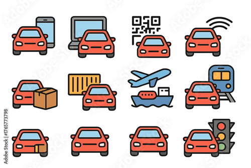 Set of Red Car Icons with Various Additional Elements