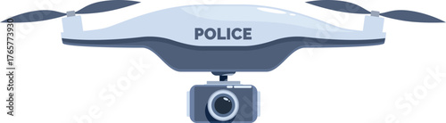 Police drone with rotating propellers and integrated camera patrolling from above