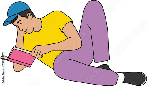 Young Man Lying Down Reading a Book Cartoon Character Vector Illustration Student Studying Leisure Time Education Hobby Isolated on White Background.