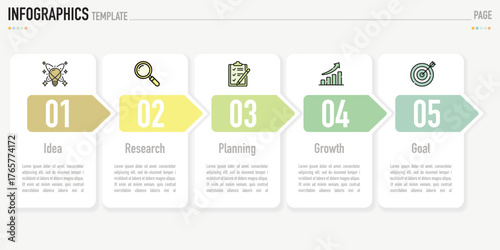 Rectangular infographic template or element with 5 step, process, option, colorful rectangle, icons, triangle, paper origami, button, tag, circle, circular, square bar for sale slide, internet planner