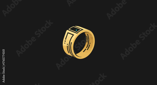 A golden ring with a black rectangular top, with a blue dot, against a black background