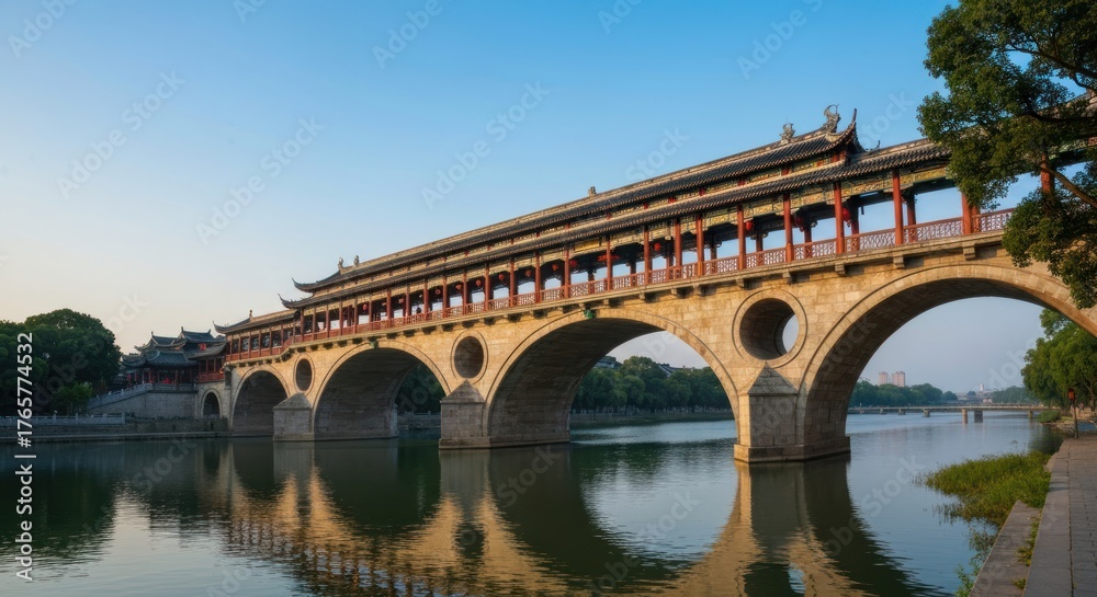 Fototapeta premium Traditional arched stone bridge with ornate roof over calm river water
