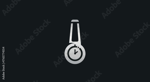 A minimalistic, silver-toned watch icon on a black background, with a sleek design