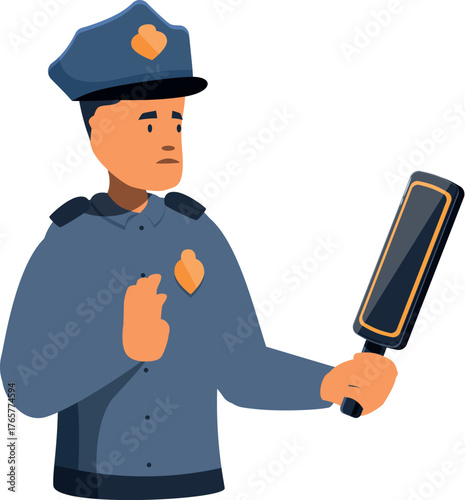 Policeman holding metal detector, ensuring public safety at event or checkpoint