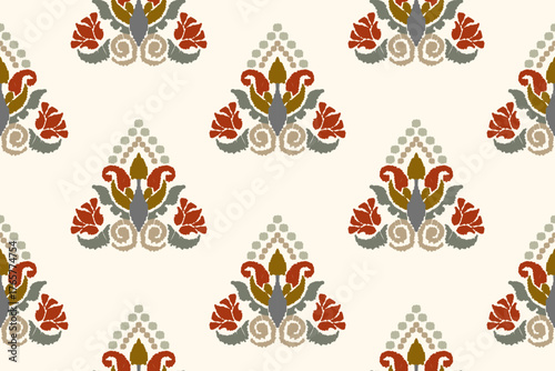 Ikat floral paisley embroidery on white background. Traditional ethnic ikat, aztec abstract vector pattern, seamless pattern in tribal, folk embroidery and mexican style.