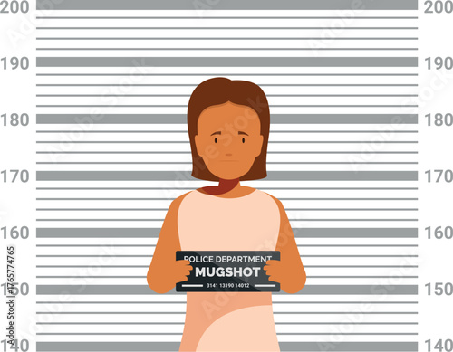 Sad woman holding mugshot sign while standing against height chart during police lineup identification