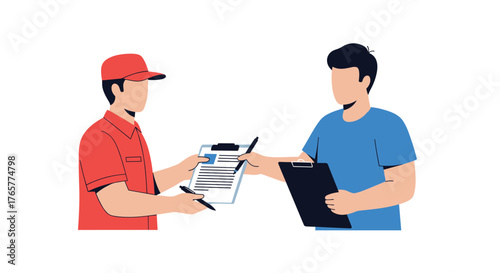 Delivery person handing over paperwork to customer for signature, professional and reliable service, modern design concept