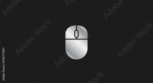 A silver-toned computer mouse icon centered on a stark black background. Lines create shading