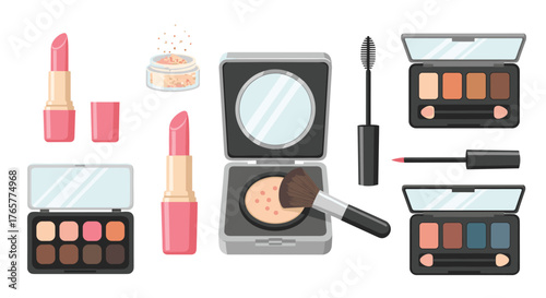 Essential makeup collection with lipstick, eyeshadow palettes, mascara, and compact powder for beauty, fashion, and cosmetic branding