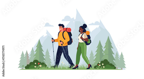 Adventurous couple hiking through scenic mountain landscape enjoying nature's beauty on sunny day with vibrant colors