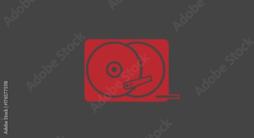 Red and gray flat design of a vinyl record player. Geometric style with minimalist details