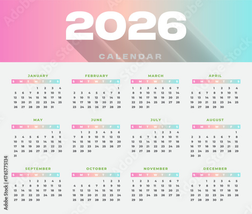 Clean elegant 2026 calendar gradien color