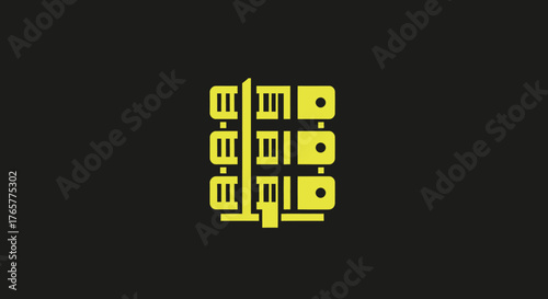 Yellow abstract geometric structure with parallel lines, dots, and bars on a black background