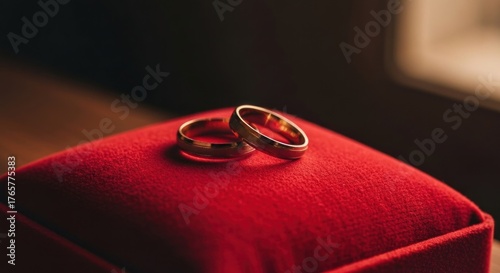 Two gold wedding bands on a red velvet ring box, soft light, wooden table