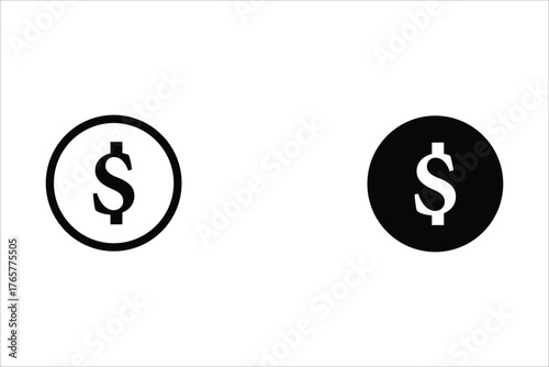 A set of two icons, line and solid, depicting a dollar currency symbol, centered inside a coin shape, representing finance, money, payment, currency, and business.