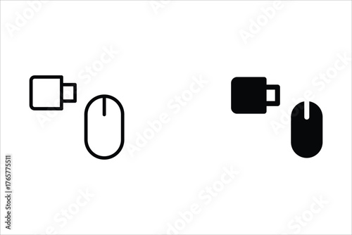 A set of two icons, line and solid, depicting a wireless computer mouse, and its USB receiver dongle, representing technology, connectivity, computer peripherals, and input devices.