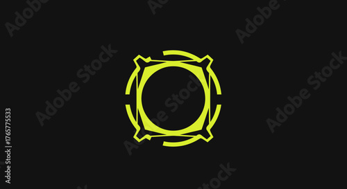 A neon yellow geometric design on black background, featuring a circle and a square