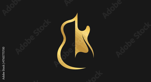 A gold guitar logo on a black background. The guitar has a modern, abstract design