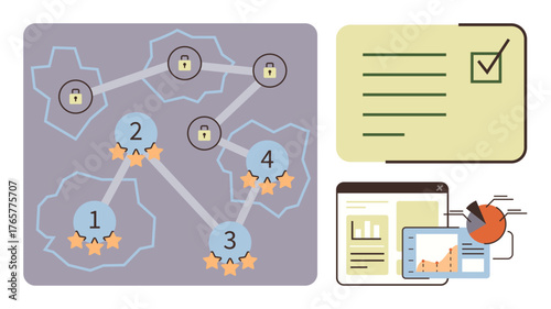 Network nodes with padlocks and ratings connected by paths, checklist, and analytics windows with charts. Ideal for cybersecurity, data flow, analysis, collaboration, research, statistics simple