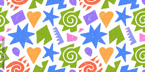 A vibrant geometric seamless pattern made of funky squiggles, stars, hearts, and zigzags, drawn with bold colorful chalk textures.