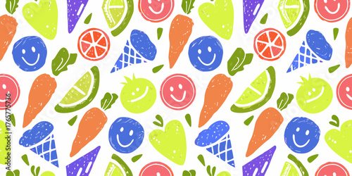 Colorful geometric seamless pattern with funky crayon featuring doodled apples, lemons, carrots, and ice cream cones, naive geometric figures and forms. Kid's wrapping paper.