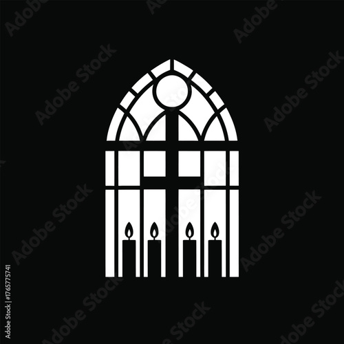 Christmas Church Window Silhouette Vector – Cross and Candlelight Religious Illustration, Holy Night Worship Design, Faith Symbol for Christian Holiday and Winter Festive Decoration