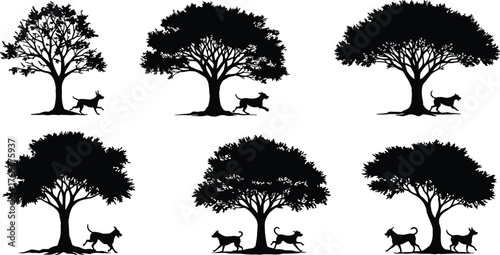 Tree silhouette with dog, nature scene, black vector art, walking dog, forest illustration, pet companion, outdoor design, landscape element