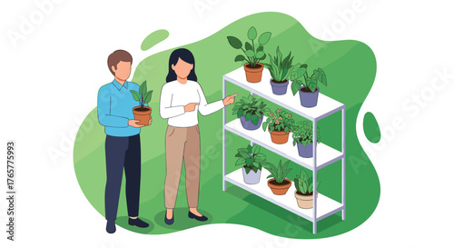 Couple choosing vibrant indoor plants for home decoration, creating a fresh and modern living space with greenery
