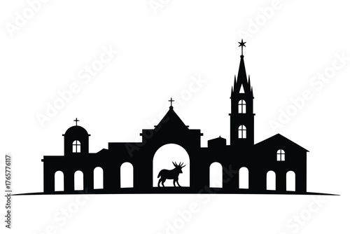 Christmas Nativity Town Silhouette Vector – Bethlehem Church Scene with Donkey and Star, Holy Night Religious Illustration for Christian Holiday, Winter Celebration, and Festive Design